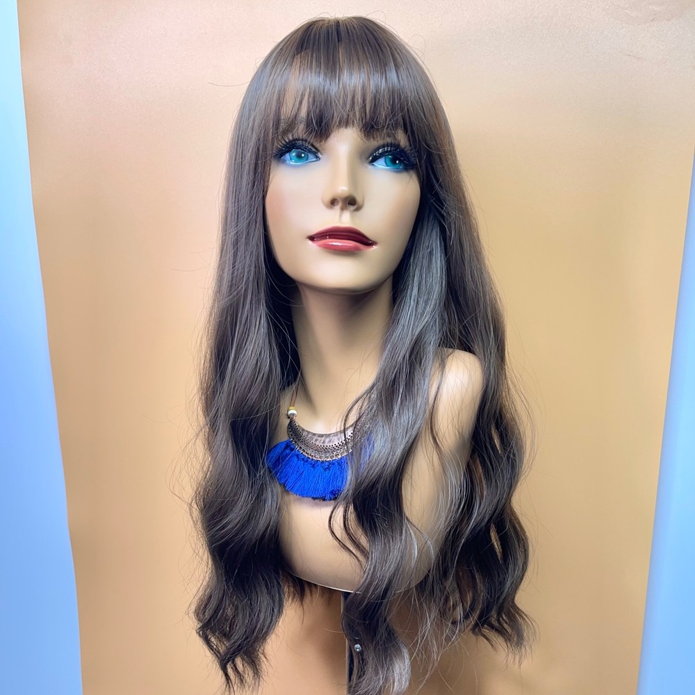 24” Caramel Brown Bangs Long Water Wave Synthetic Wig